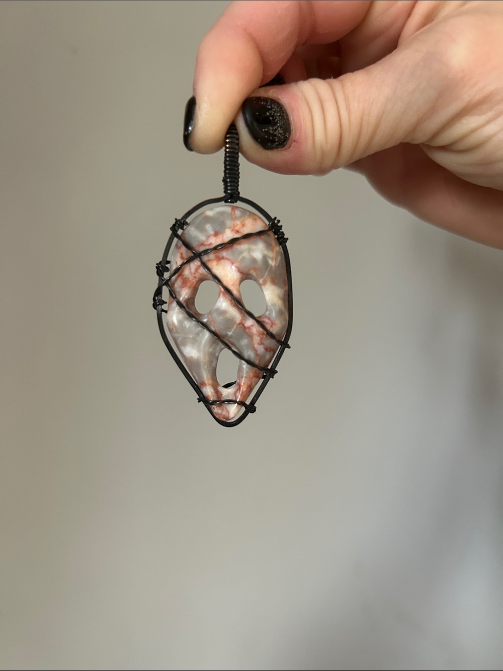 Handcrafted pig Jasper wire wrapped scream mask spooky pendant